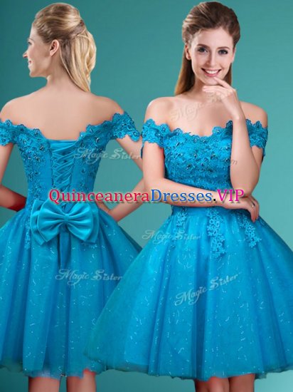 Knee Length Aqua Blue Quinceanera Dama Dress Off The Shoulder Cap Sleeves Lace Up - Click Image to Close