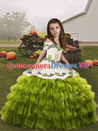 Organza Straps Sleeveless Lace Up Ruffled Layers Little Girl Pageant Dress in Olive Green