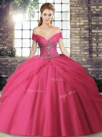 Colorful Hot Pink Ball Gown Prom Dress Tulle Brush Train Sleeveless Beading and Pick Ups(SKU SJQDDT2088002-10BIZ)