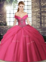 Colorful Hot Pink Ball Gown Prom Dress Tulle Brush Train Sleeveless Beading and Pick Ups