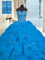 Lovely Blue Organza Lace Up Teens Party Dress Sleeveless With Brush Train Beading and Ruffles(SKU PSSW0343-2BIZ)