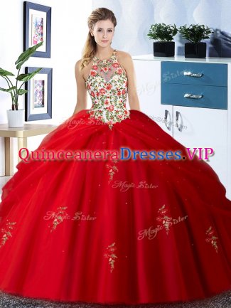 Ideal Halter Top Red Lace Up Ball Gown Prom Dress Embroidery and Pick Ups Sleeveless Floor Length