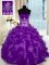 Custom Made Sweetheart Sleeveless Sweet 16 Dresses Floor Length Beading and Appliques and Ruffles Purple Organza