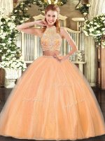 Colorful Orange Red Two Pieces Beading 15 Quinceanera Dress Criss Cross Tulle Sleeveless Floor Length