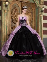 Appliques Lovely Lavender and Black Tamboril Dominican Republic Quinceanera Dress Strapless Taffeta Quinceanera Gowns