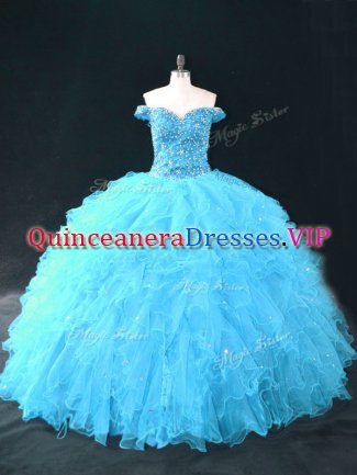 Deluxe Aqua Blue Off The Shoulder Neckline Beading and Ruffles Quince Ball Gowns Sleeveless Lace Up