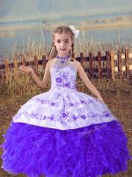 Trendy Lavender Sleeveless Floor Length Beading and Embroidery and Ruffles Lace Up Girls Pageant Dresses