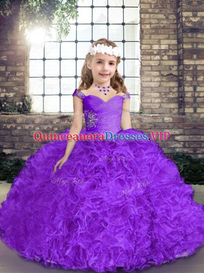 Dramatic Purple Ball Gowns Beading Pageant Gowns Lace Up Fabric With Rolling Flowers Sleeveless Floor Length - Click Image to Close