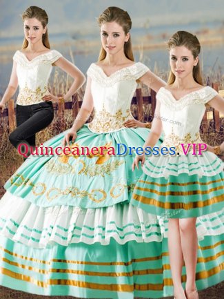 Stylish Sleeveless Floor Length Embroidery and Ruffled Layers Lace Up Quince Ball Gowns with Apple Green