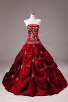 Taffeta Strapless Sleeveless Brush Train Lace Up Embroidery and Pick Ups Quince Ball Gowns in Wine Red(SKU SWQD295BIZ)