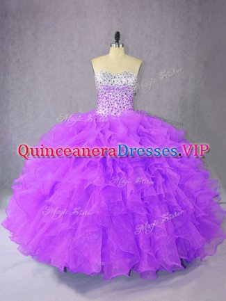 Simple Purple Sleeveless Beading and Ruffles Floor Length Vestidos de Quinceanera