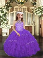 Trendy Purple Tulle Lace Up Child Pageant Dress Sleeveless Floor Length Beading and Ruffles