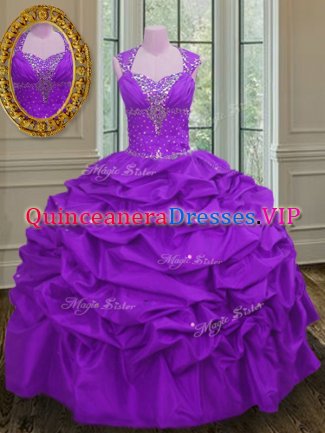 Straps Purple Ball Gowns Beading and Pick Ups 15 Quinceanera Dress Lace Up Taffeta Sleeveless Floor Length