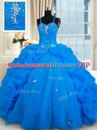Customized Blue Sleeveless Floor Length Beading and Pick Ups Lace Up Quinceanera Gowns