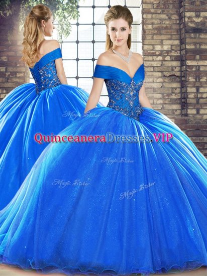 Dramatic Royal Blue Ball Gowns Off The Shoulder Sleeveless Organza Brush Train Lace Up Beading Sweet 16 Quinceanera Dress - Click Image to Close