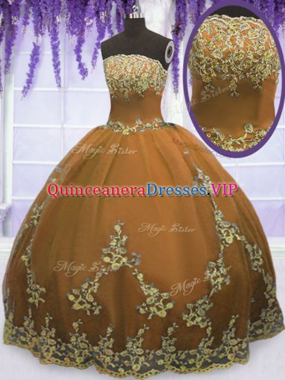 Brown Ball Gowns Appliques 15th Birthday Dress Zipper Tulle Sleeveless Floor Length - Click Image to Close