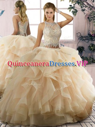 Champagne Tulle Lace Up Scoop Sleeveless Floor Length Quinceanera Dresses Ruffles