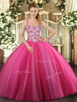 Hot Pink Sleeveless Floor Length Beading Lace Up Quinceanera Gown