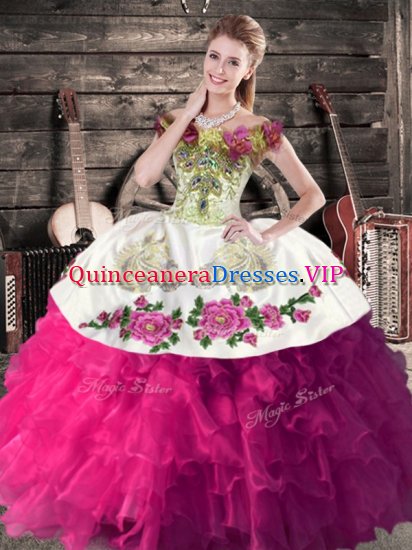 Sophisticated Floor Length Fuchsia Sweet 16 Dresses Satin Sleeveless Embroidery and Ruffles - Click Image to Close