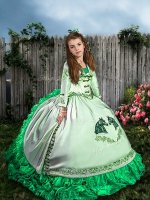 Sleeveless Embroidery and Ruffles Lace Up Little Girls Pageant Gowns with White Sweep Train