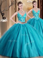 Unique Spaghetti Straps Sleeveless Tulle Quince Ball Gowns Beading and Lace and Appliques Lace Up(SKU SJQDDT951002BIZ)