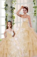 Adorable Strapless Sleeveless Ball Gown Prom Dress Floor Length Beading and Ruffled Layers and Ruching Champagne Organza