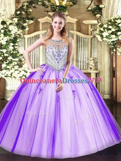 Scoop Sleeveless Quinceanera Gowns Floor Length Beading and Appliques Lavender Tulle - Click Image to Close