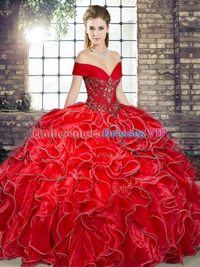 Hot Selling Floor Length Lace Up Vestidos de Quinceanera Red for Military Ball and Sweet 16 and Quinceanera with Beading and Ruffles - Click Image to Close