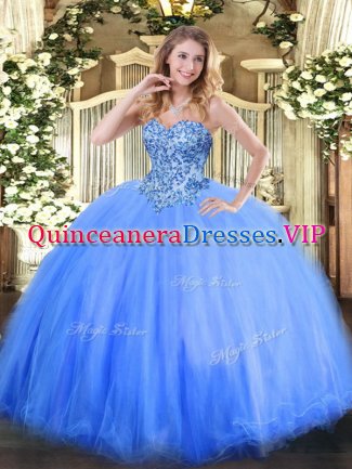 Stylish Blue Sweetheart Lace Up Appliques Ball Gown Prom Dress Sleeveless
