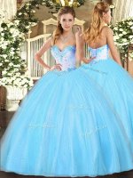 Hot Sale Sleeveless Tulle Floor Length Lace Up 15th Birthday Dress in Aqua Blue with Beading