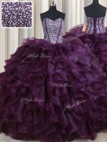 Floor Length Lace Up 15 Quinceanera Dress Dark Purple for Military Ball and Sweet 16 and Quinceanera with Beading and Ruffles(SKU PSSW0586BIZ)
