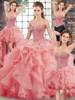 Watermelon Red Quinceanera Dresses Military Ball and Sweet 16 and Quinceanera with Beading and Ruffles Sweetheart Sleeveless Brush Train Lace Up(SKU SJQDDT2123008BIZ)