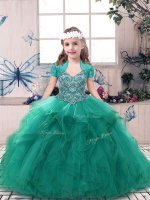 Lovely Turquoise Ball Gowns Straps Sleeveless Tulle Floor Length Side Zipper Beading Little Girls Pageant Gowns