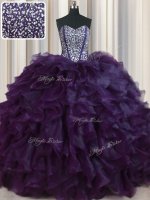 Visible Boning Bling-bling Dark Purple Ball Gowns Beading and Ruffles Quince Ball Gowns Lace Up Organza Sleeveless With Train