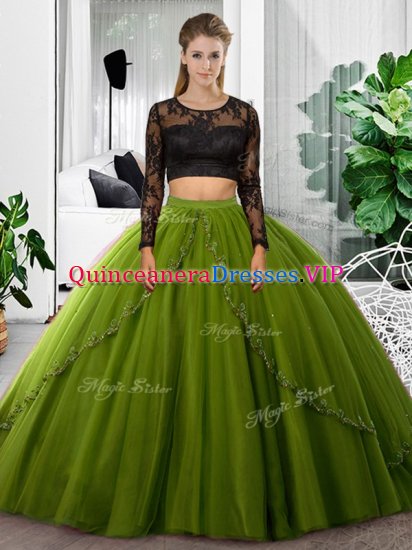 Clearance Olive Green Long Sleeves Floor Length Lace and Ruching Backless Military Ball Gown - Click Image to Close