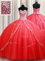Sweetheart Sleeveless Ball Gown Prom Dress Floor Length Beading and Appliques Coral Red Tulle