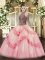 High Quality Sleeveless Tulle Floor Length Lace Up 15th Birthday Dress in Pink with Beading and Appliques