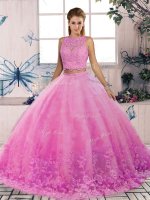 Rose Pink Backless Scalloped Lace Ball Gown Prom Dress Tulle Sleeveless Sweep Train
