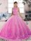 Rose Pink Backless Scalloped Lace Ball Gown Prom Dress Tulle Sleeveless Sweep Train