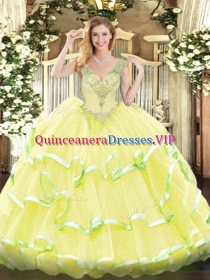 Yellow Sleeveless Beading and Ruffled Layers Floor Length 15 Quinceanera Dress - Click Image to Close
