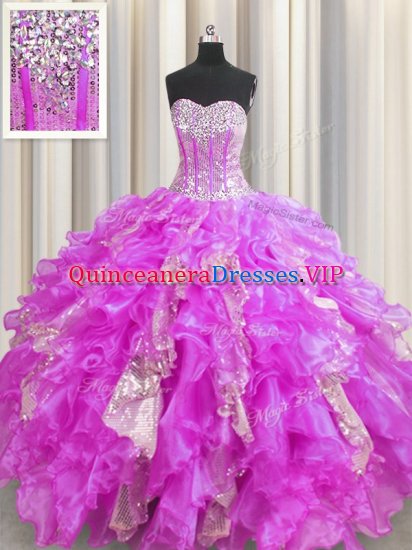 Top Selling Visible Boning Lilac Sleeveless Beading and Ruffles and Sequins Floor Length Quince Ball Gowns - Click Image to Close