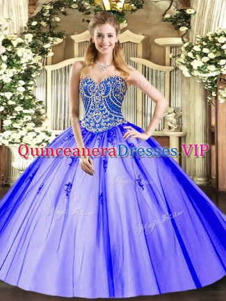 Lavender Tulle Lace Up Ball Gown Prom Dress Sleeveless Floor Length Beading and Appliques