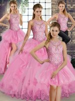 Modest Rose Pink Sleeveless Lace and Embroidery and Ruffles Floor Length Quinceanera Gowns