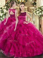 Fuchsia Tulle Lace Up Scoop Sleeveless Floor Length 15 Quinceanera Dress Ruffles