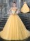 Sophisticated Straps Beading Quince Ball Gowns Gold Lace Up Sleeveless With Brush Train