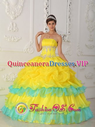 Hameenlinna Finland Luxurious Yellow Strapless Ruched Bodice Quinceanera Dress With Beaded and Ruffled Decorate