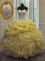 Comfortable Beading and Ruffles and Pick Ups Quinceanera Dress Gold Lace Up Sleeveless Floor Length