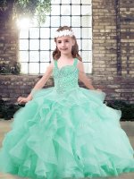 Tulle Straps Sleeveless Lace Up Beading and Ruffles Kids Formal Wear in Apple Green