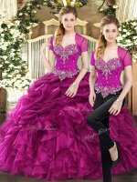 Gorgeous Sleeveless Organza Floor Length Lace Up 15 Quinceanera Dress in Fuchsia with Beading and Ruffles and Pick Ups