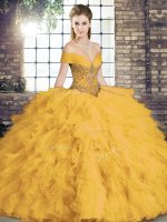 Custom Design Off The Shoulder Sleeveless Lace Up Quinceanera Dresses Gold Tulle